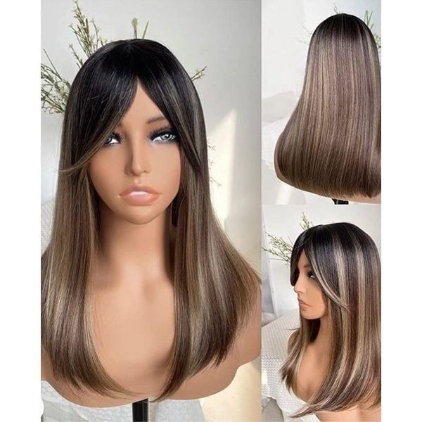 Silky Straight Black Brown Wig with Blonde Highlights