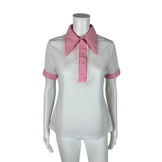 Vintage 70s Polo Shirt Women's Large Baby Pink Checkered Collar Sweet Top