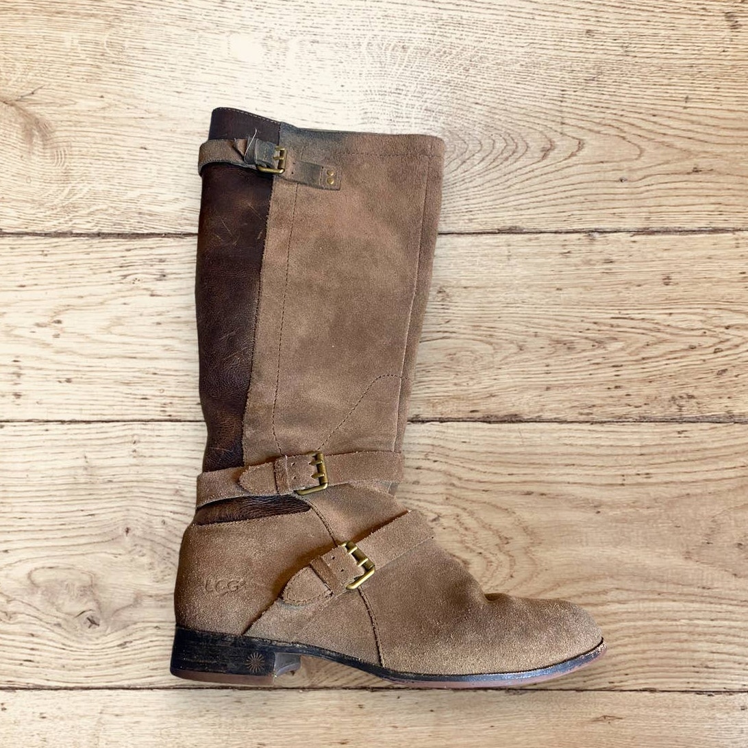 UGG Australia Mid-Calf Brown Leather and Sheepskin Buckle Riding Boots Size 8