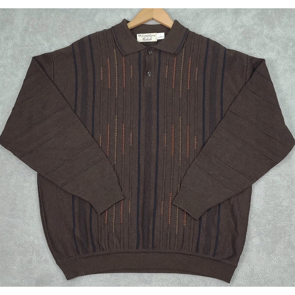 ST. CROIX SHOP Men's Brown Woll Blens Textured Collared Polo Sweater Size Large