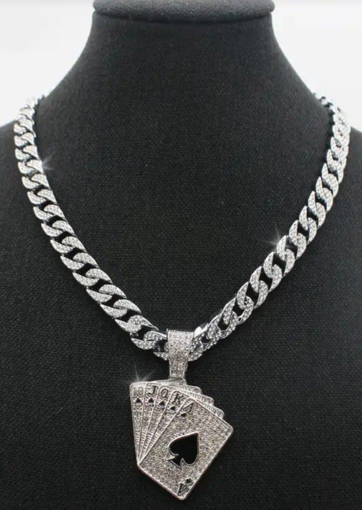 Unisex Iced out Poker Hand Pendant (Silver) & 18 Cuban Chain