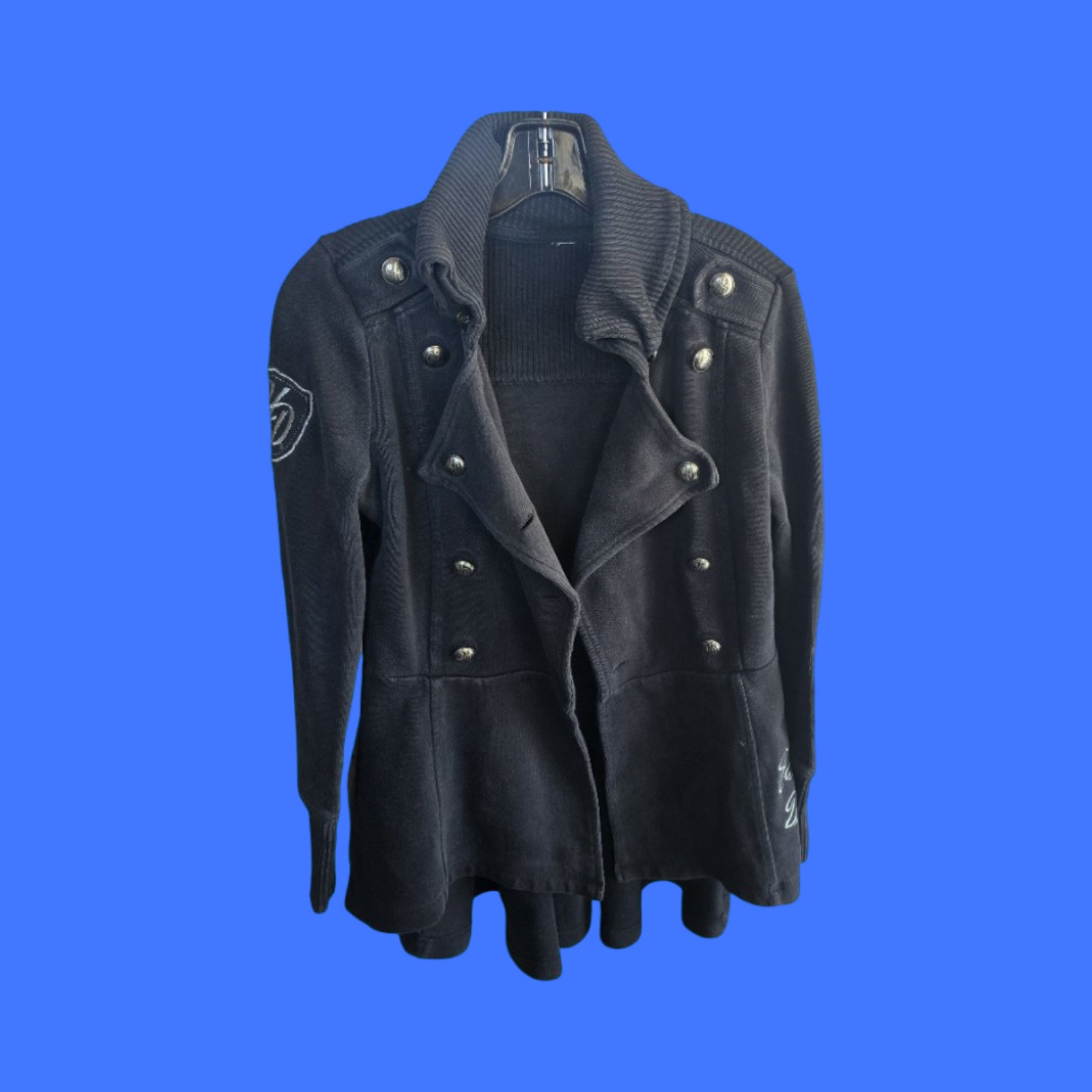 Women’s Black Harley Davidson Double Breasted Peacoat Hi-Low Hem Jacket Size S