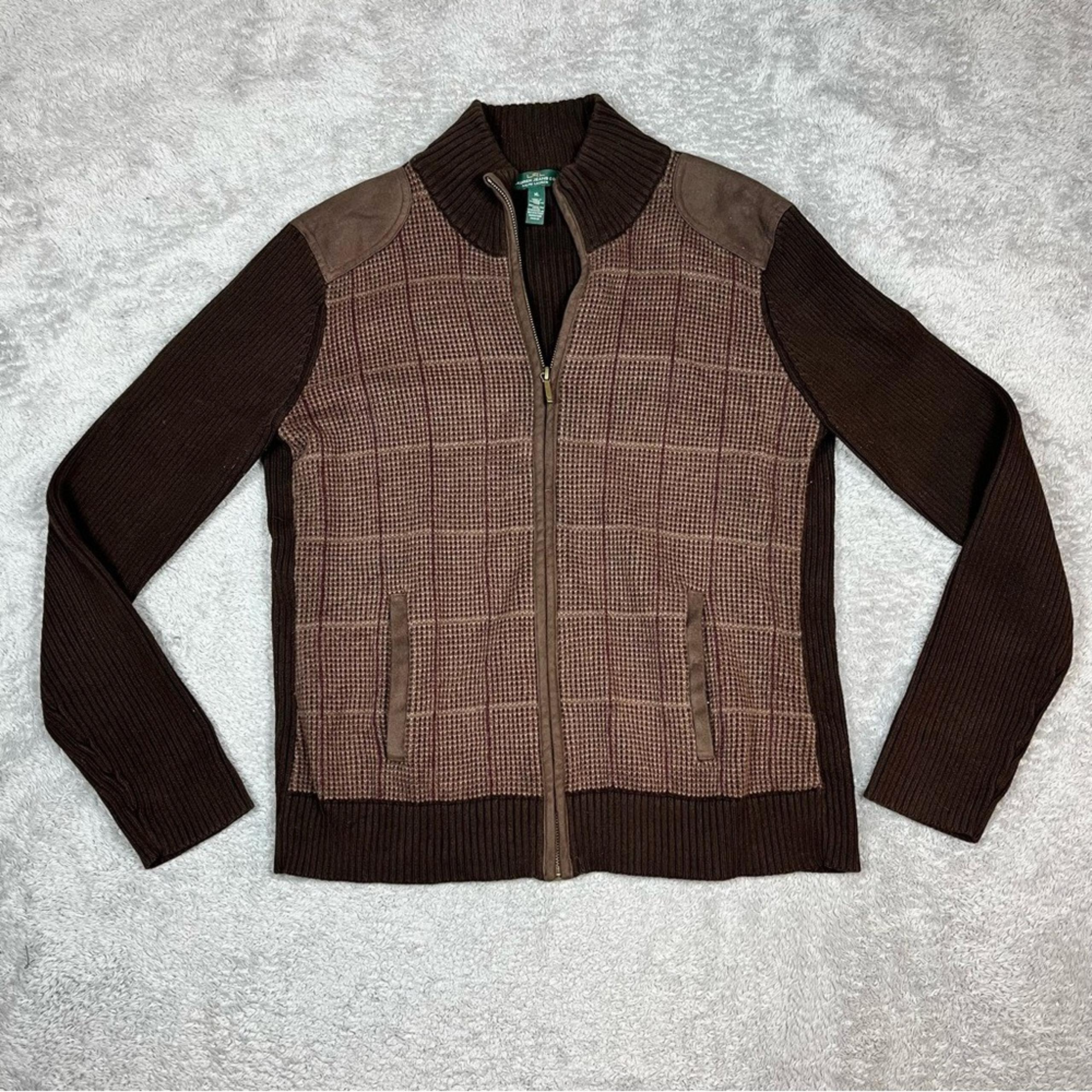Ralph Lauren Brown Houndstooth Ribbed Full Zip Sweater Women's XL