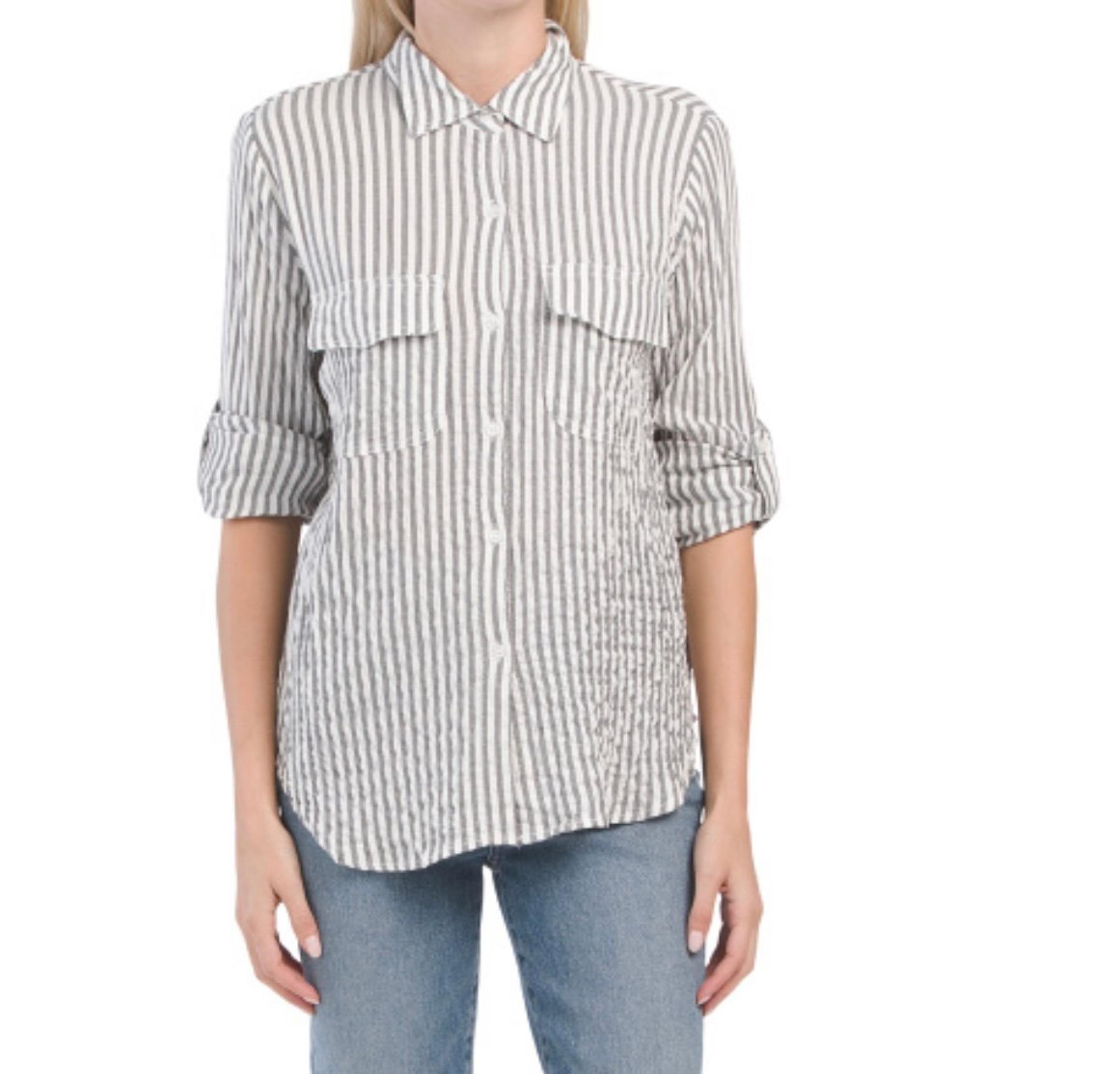 Max Studio — Long Sleeve Button Down Shirt — Black & White Stripe Large