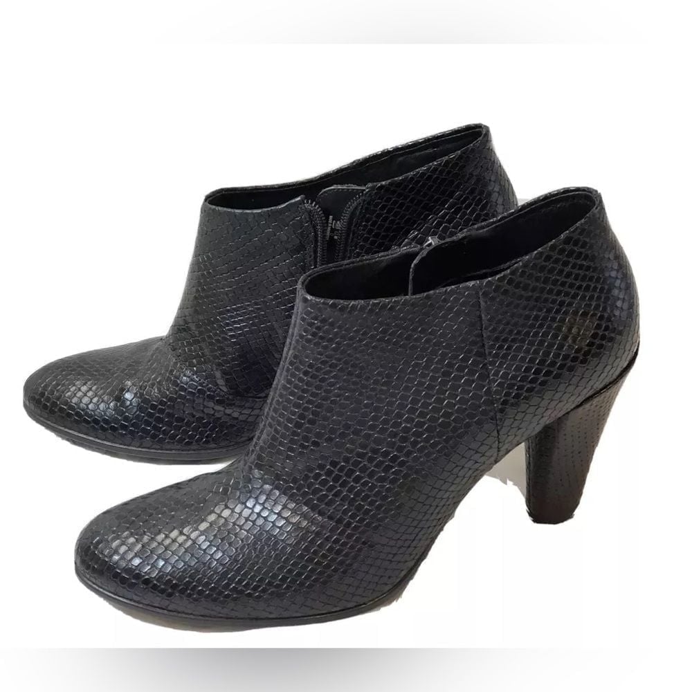 Ecco Women's Shape 75 Black Faux Snake Skin Side Zip Heeled Ankle Booties- 10