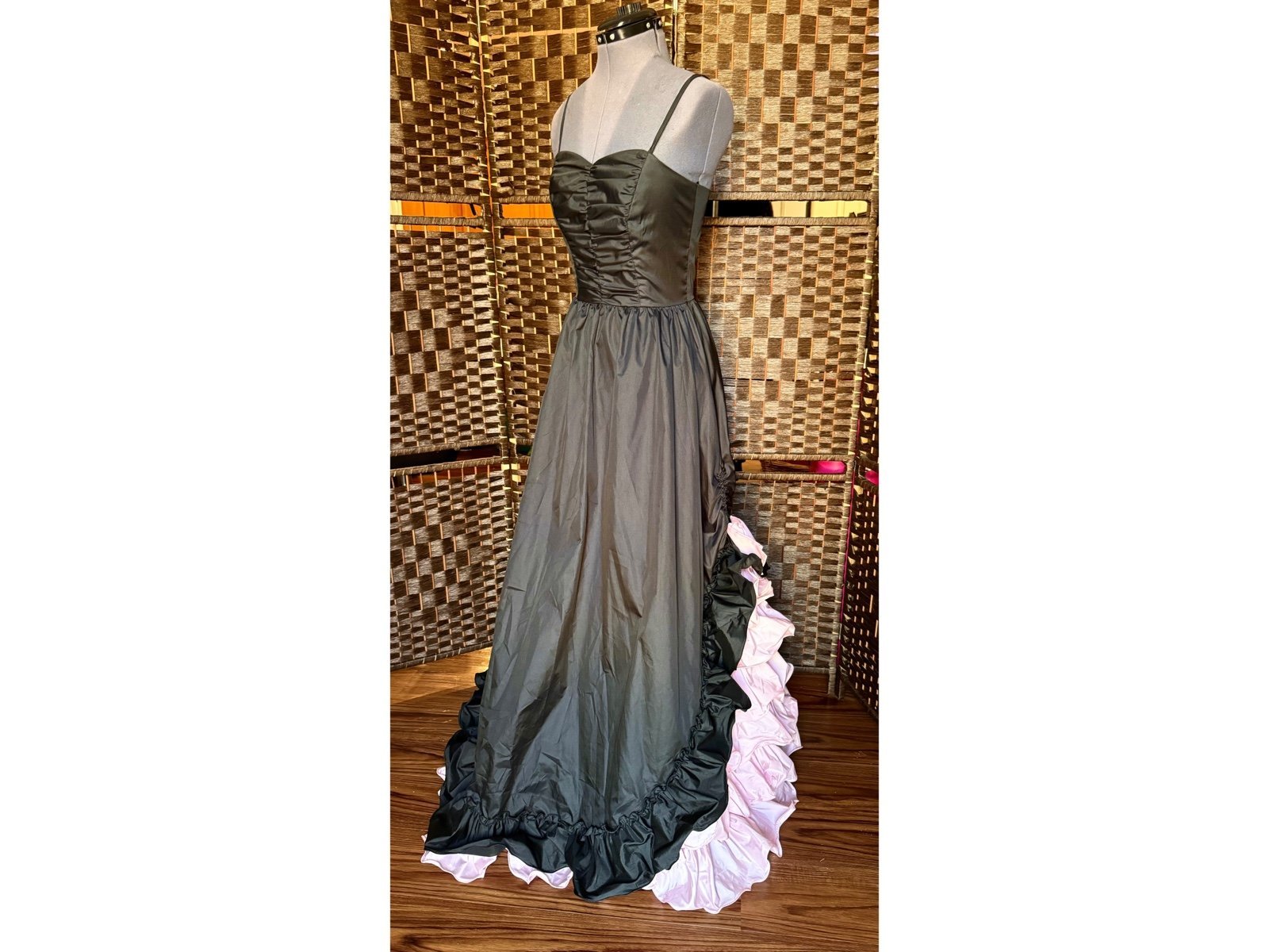 Vintage Cupcake formal dress gown black pink ruffles ruching pleated 7 8 long