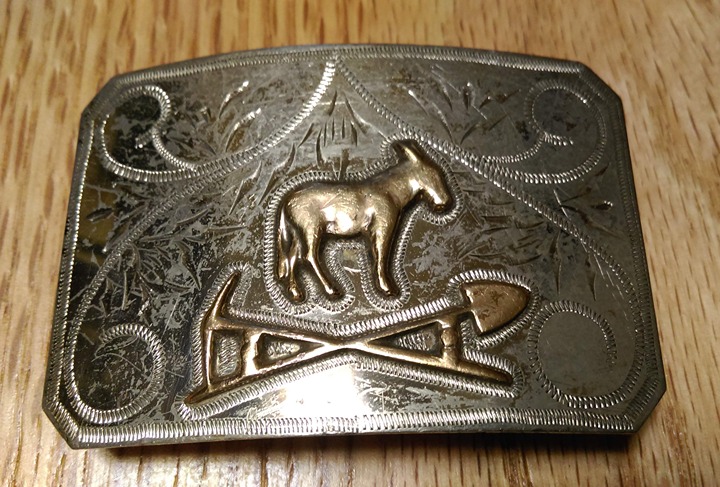 Vintage Ricardo Nickel Silver Belt Buckle with Brass Mule and Mining Tools