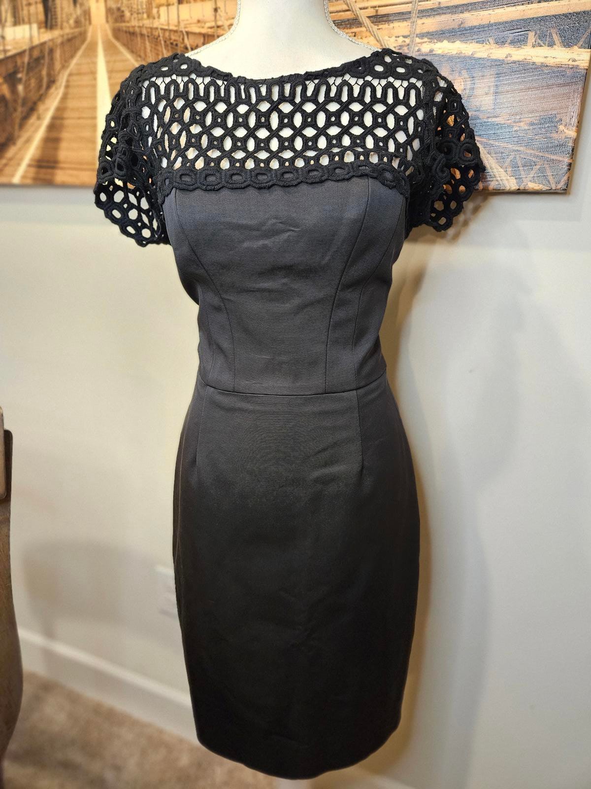 Lela Rose Elegant Black Dress with Crochet Lace Detail #H63