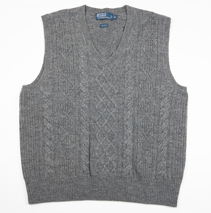 Polo Ralph Lauren Cable-Knit Wool Sweater Vest Mens XL Gray V-Neck Pullover Knit