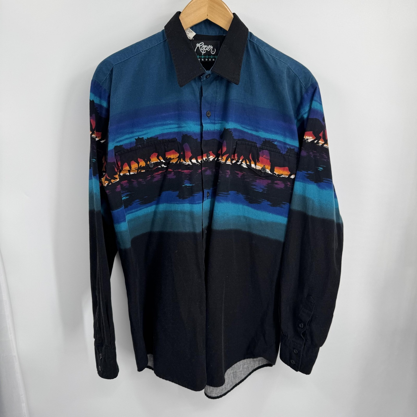 Vintage Roper Border Shirt Mens L Black Teal Horse Sunset Western Made USA 90s