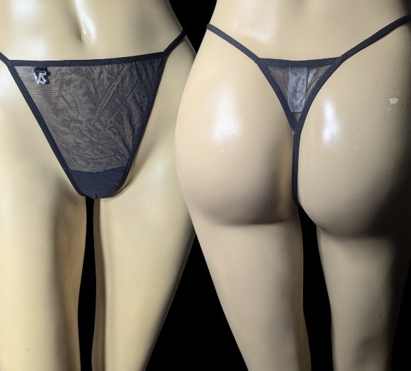 Vintage Victoria's Secret Black Bling Logo Mesh Chiffon Classic Thong Panties Lg