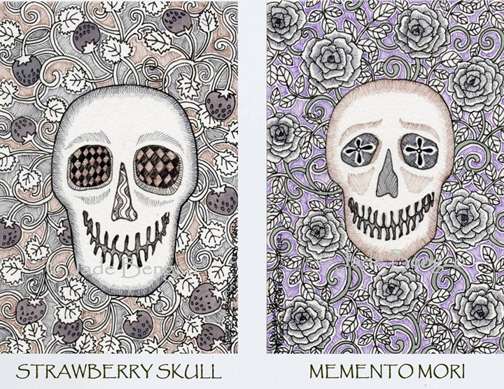 Original Art: “MEMENTO MORI & STRAWBERRIES SKULLS FLOWERS” … Halloween Art