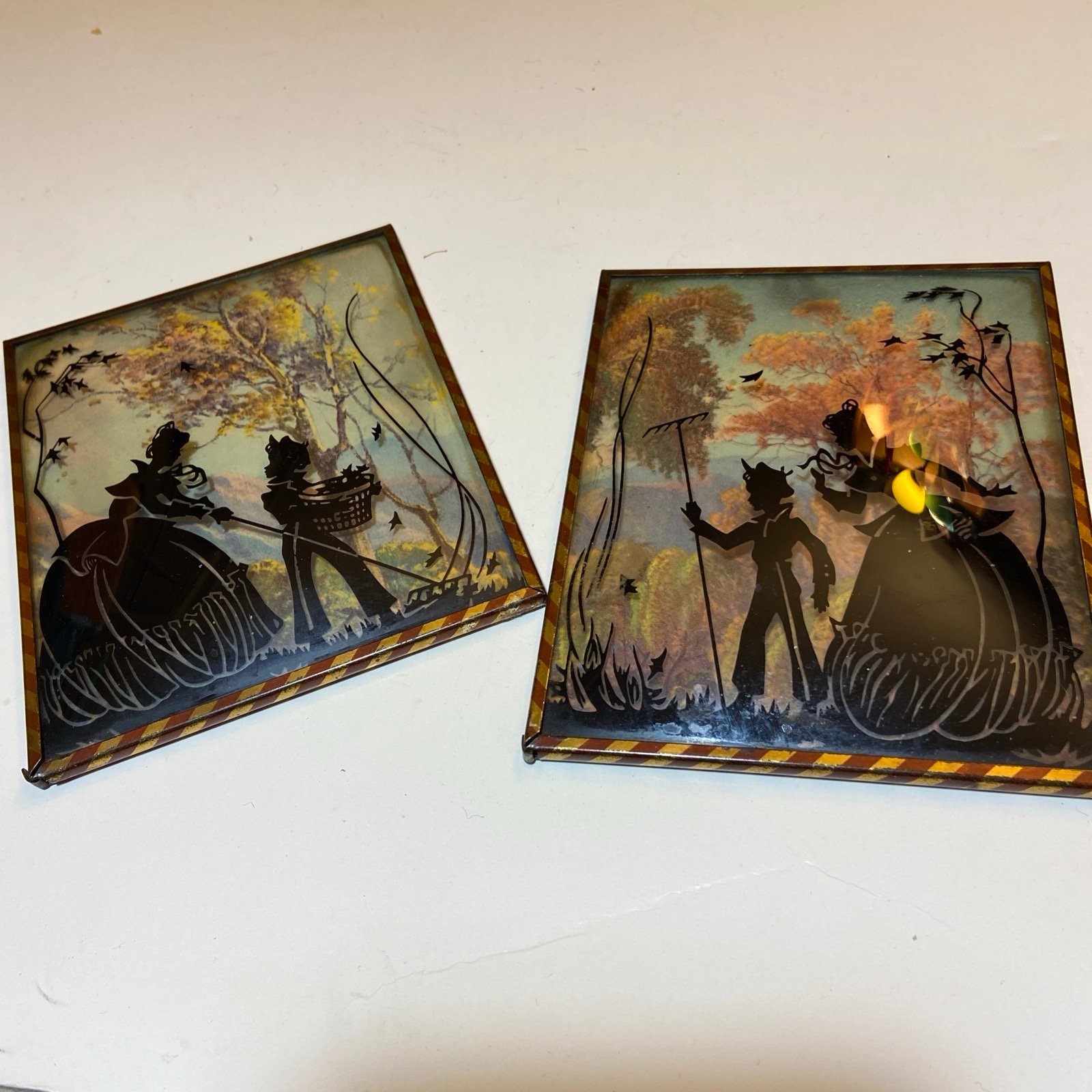 Pair Of Art Deco Convex Reversible Pained Mini Pictures Silhouettes 4 x 5”