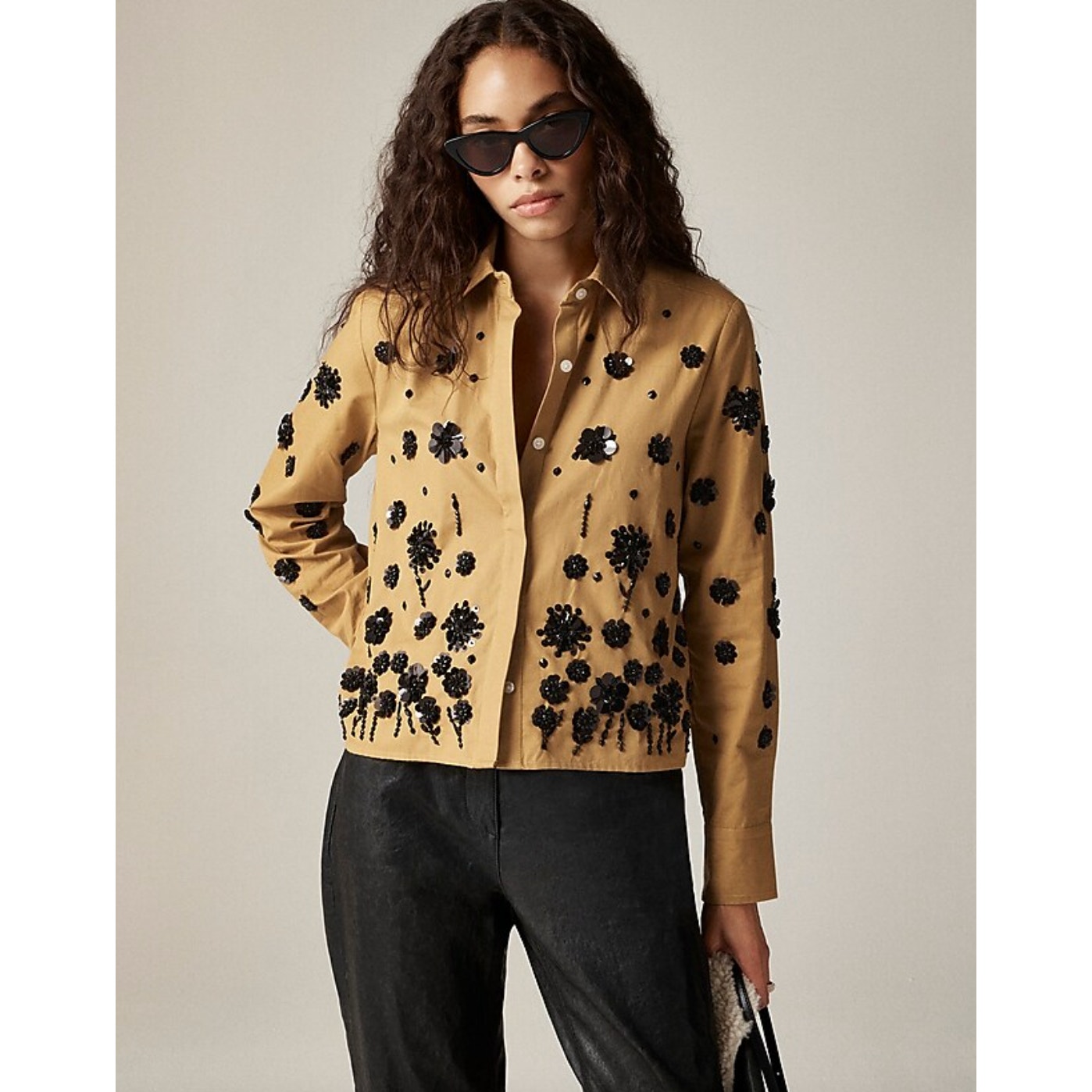 J.Crew Sequin Embellished Button Up Shirt Honey Brown Cotton Preppy US 8 NWT