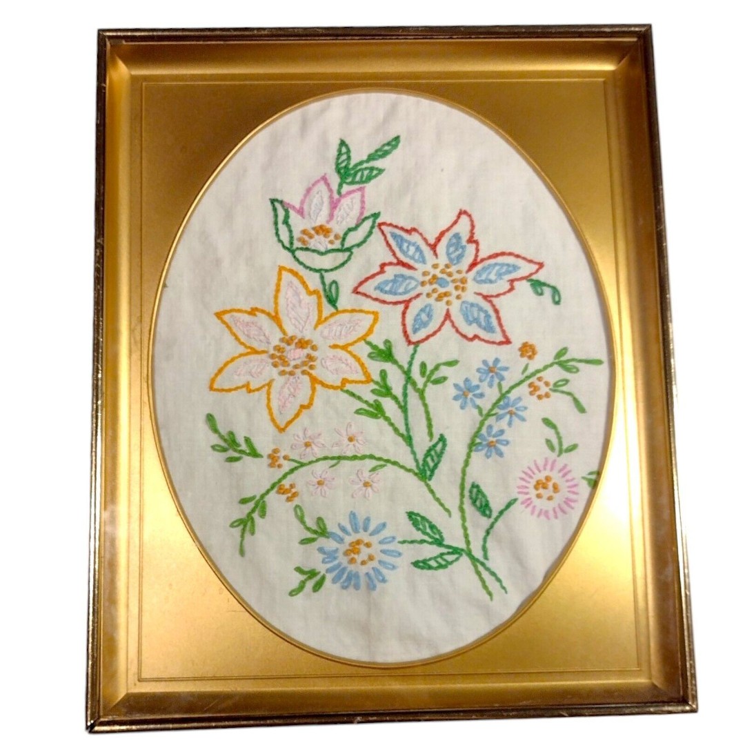Vintage Gold Metal Framed Needlework Embroidery Floral Flowers 9.5x11 Oval MCM