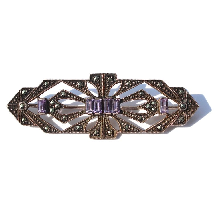Amethyst Marcasite Sterling Brooch