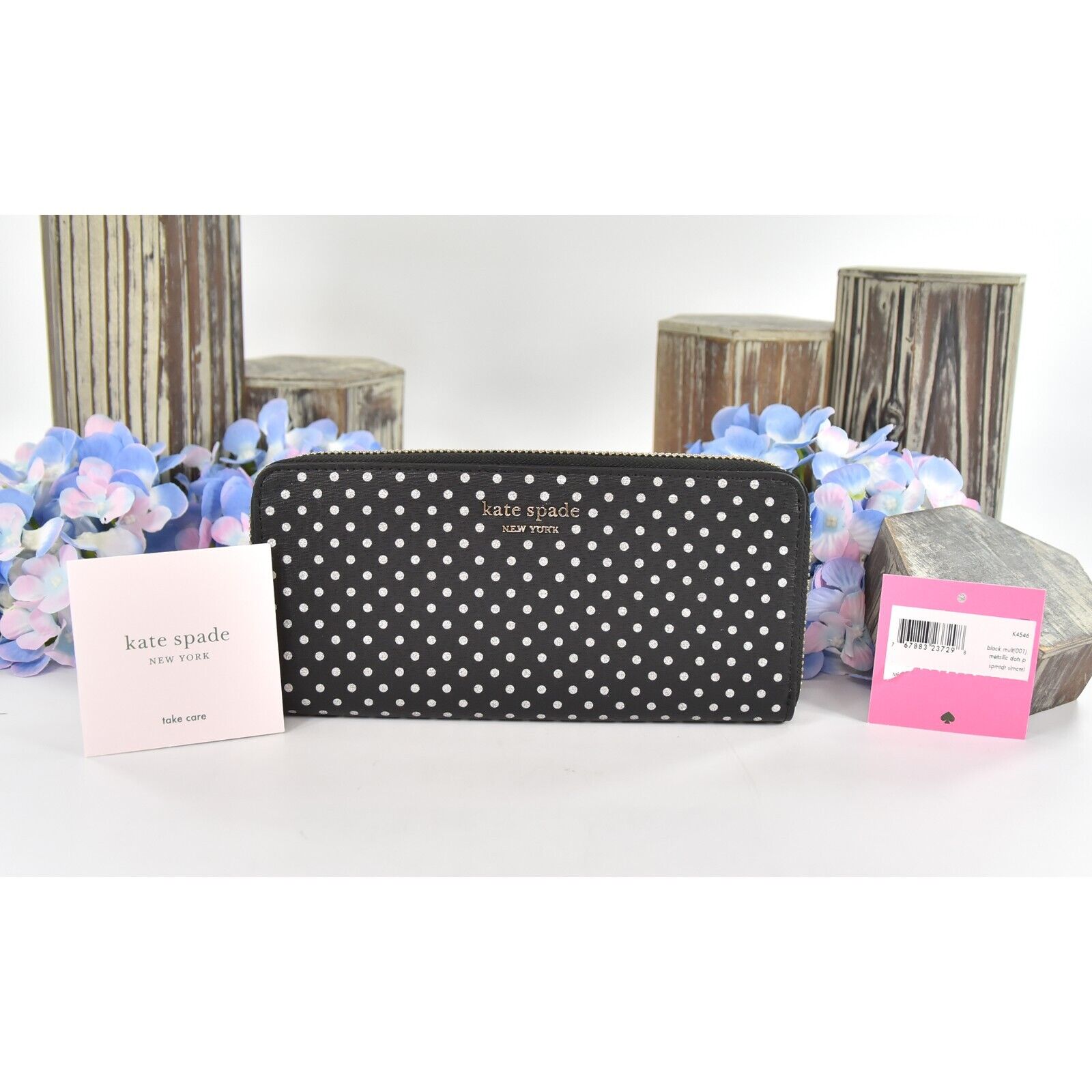 Kate Spade Black Silver Metallic Dot Spencer Zip Around Lacey Wallet NWT