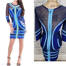 House of CB bodycon dress Sz XS bandage colorblock blue long sleeve party A37