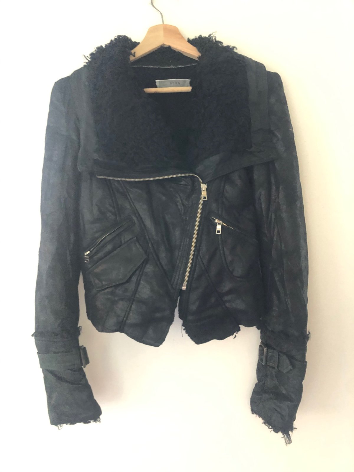Storets Black metallic motocycle Shearling Leather Slim Jacket, XS