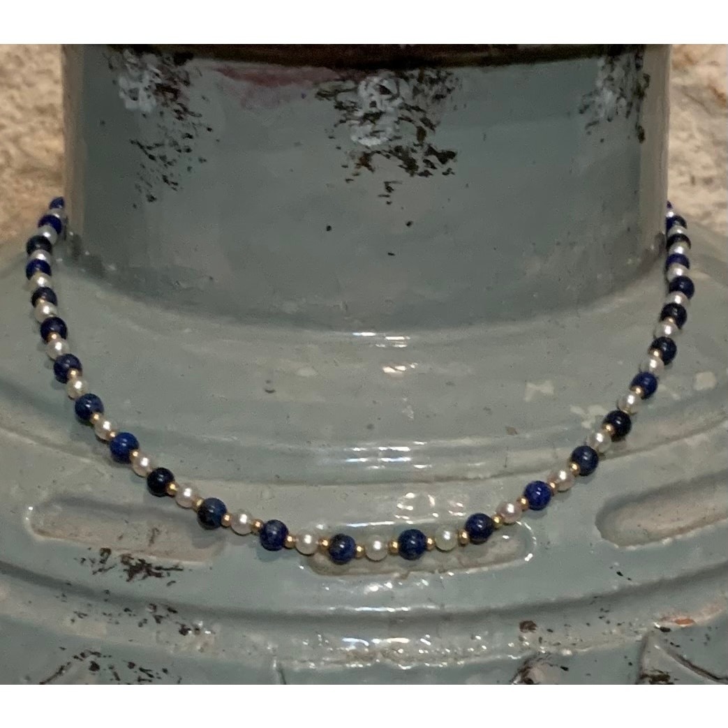 14K Gold, Lapis and Freshwater Pearl Necklace