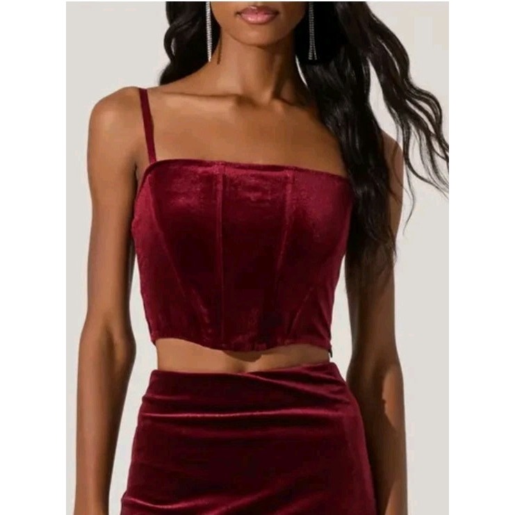 ASTR The LABEL Women's Velvet Corset Crop Top Square Neck Stretch Wine Size XL