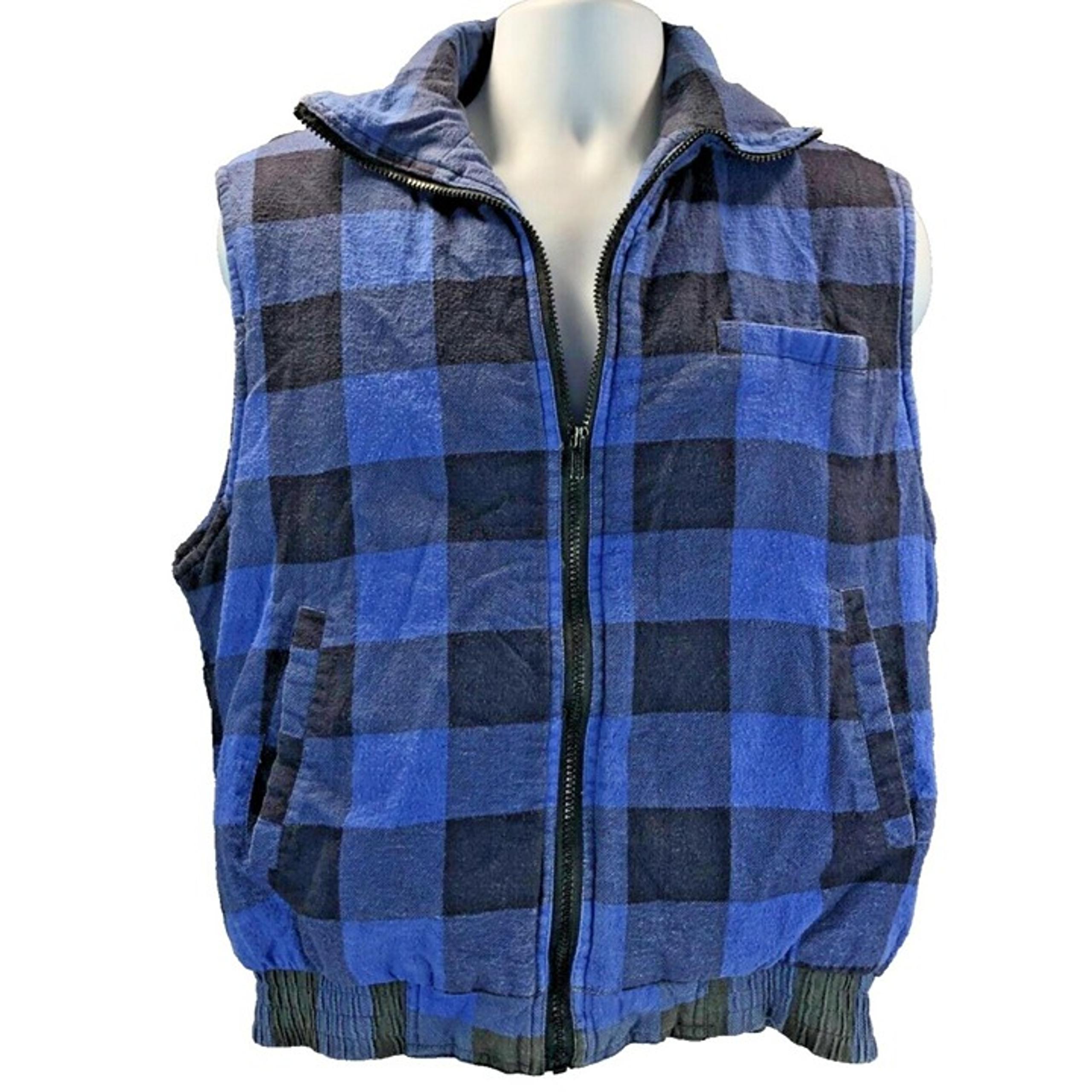 Ozark Trail Men L Vintage Branded Lion Buffalo Plaid Quilted Zip Vest Blue Black