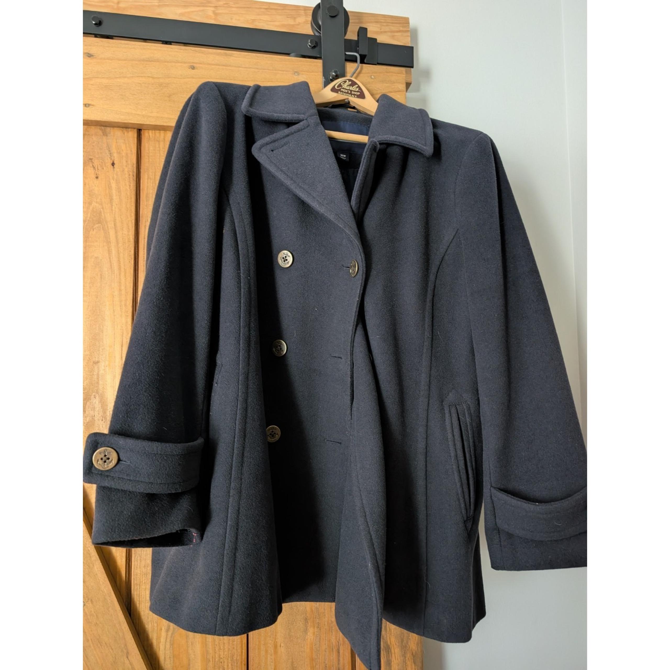 Lands' End Women's Pea Coat Size 16W Navy Blue Wool Blend Anchor Buttons