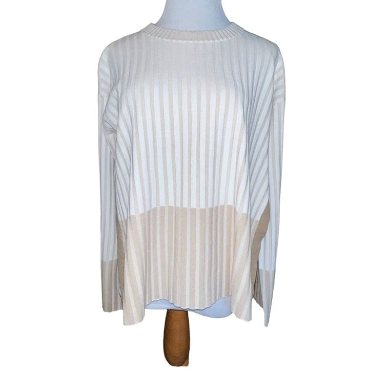 Club Monaco Woman's Large Renie Chandails Fawn Khaki Striped Ribbed Side Slits