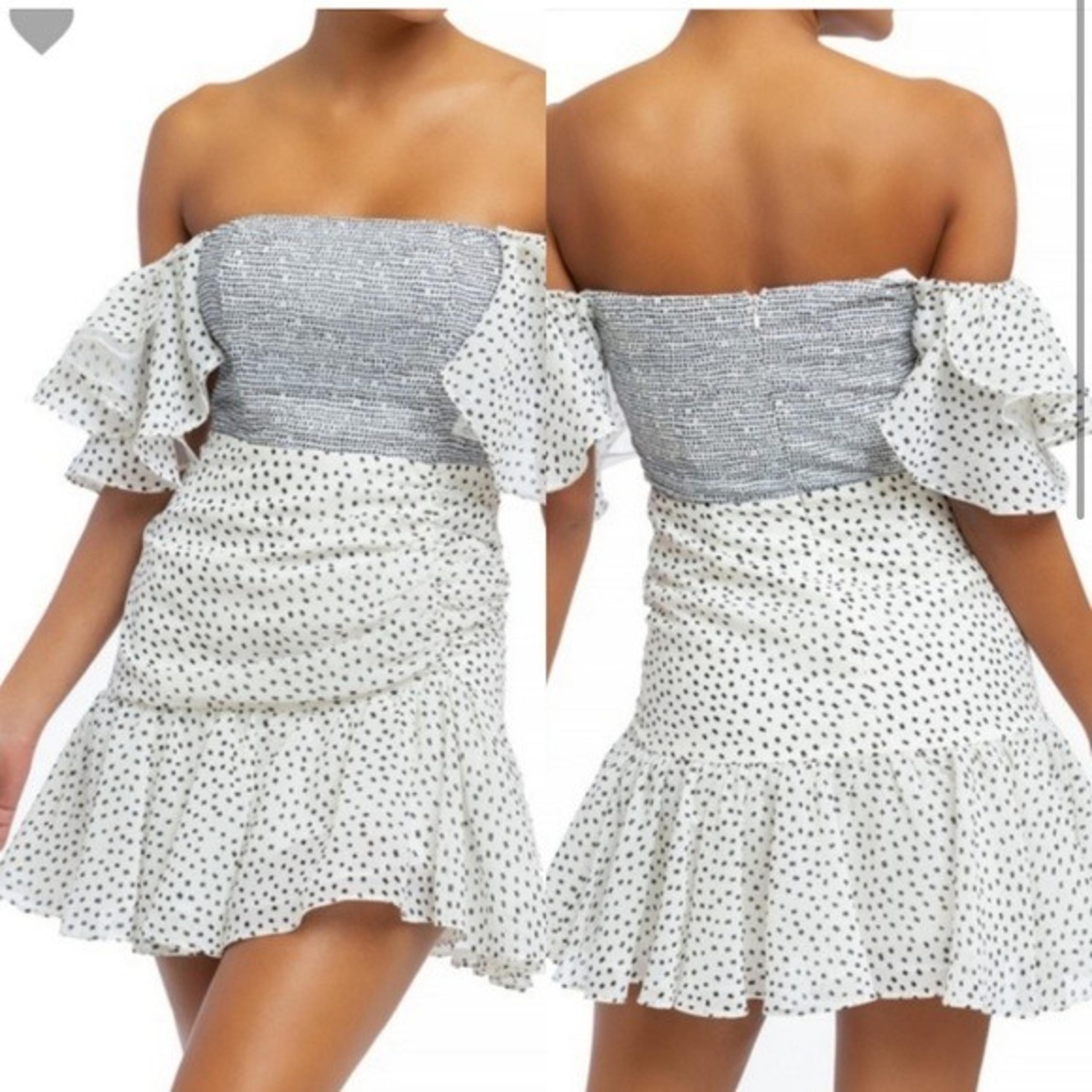 LUXXEL black off white polkadot ruffle off shoulder mini dress womens S