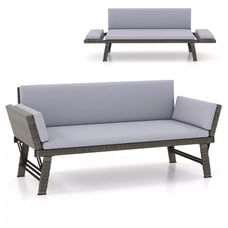 Patio Outdoor PE Rattan Loveseat Convertible Sofa Daybed w/Adjustable Armrests