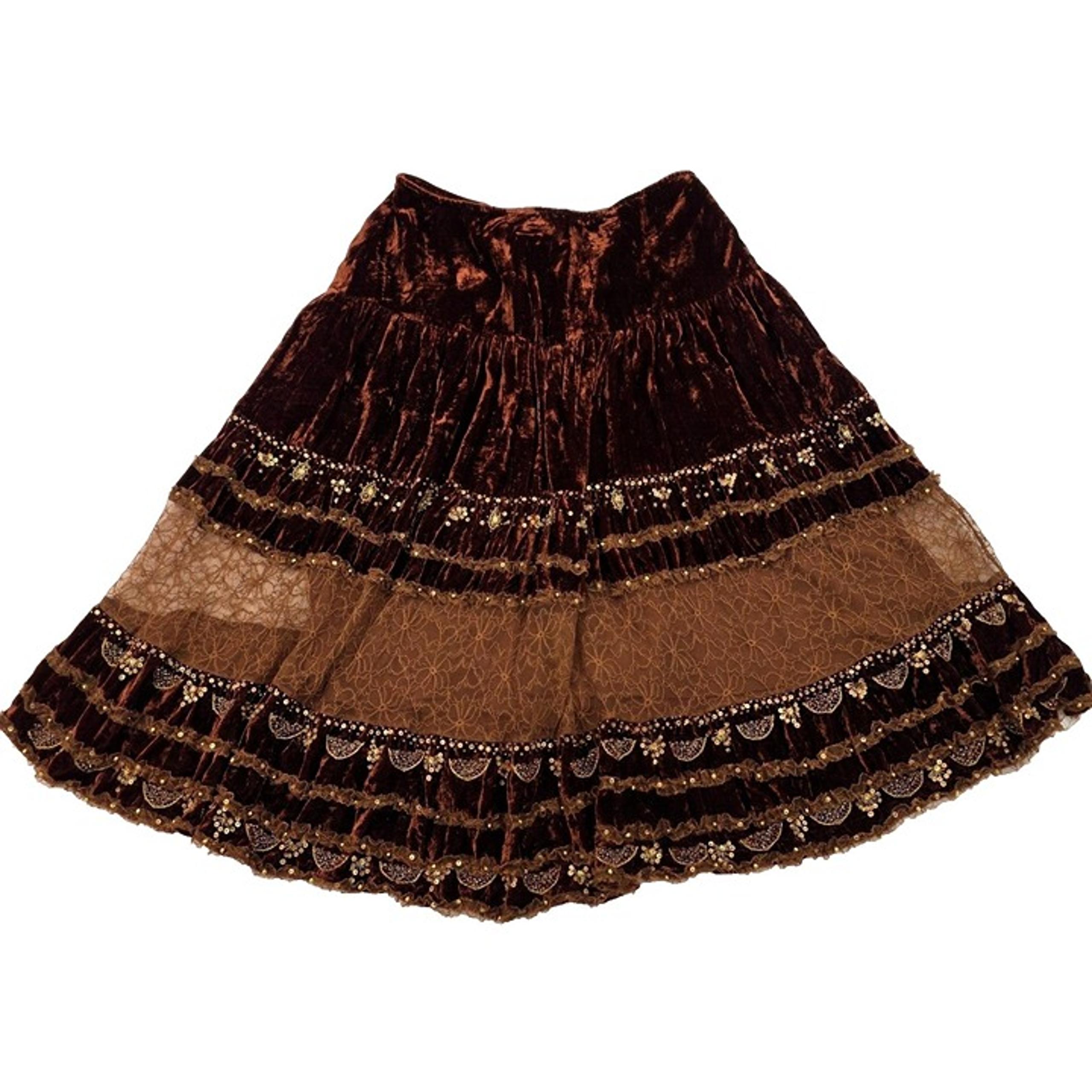 Vintage Cache Sequin Bead Peek A Boo Lace Velvet Skirt BOHO Gypsy Lined Brown