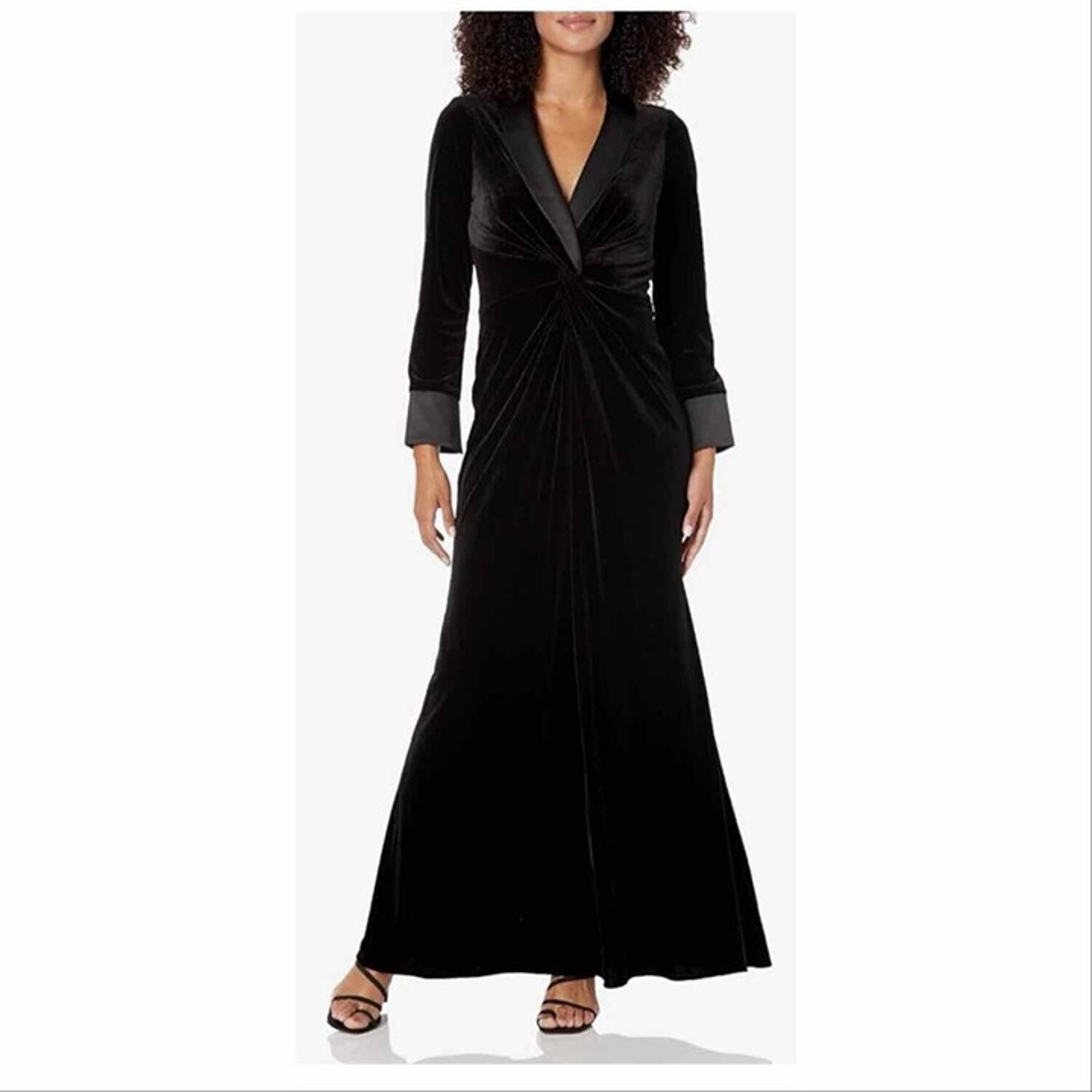 Adrianna Papell Black Velvet Twist-Front Tuxedo Gown Maxi Dress Size 4
