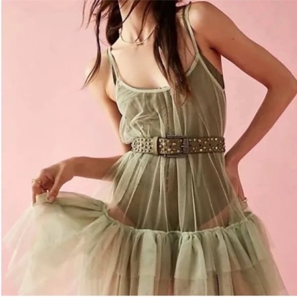 NWOT Free People People Push Send Mini Slip Sage Green XS (oversized)