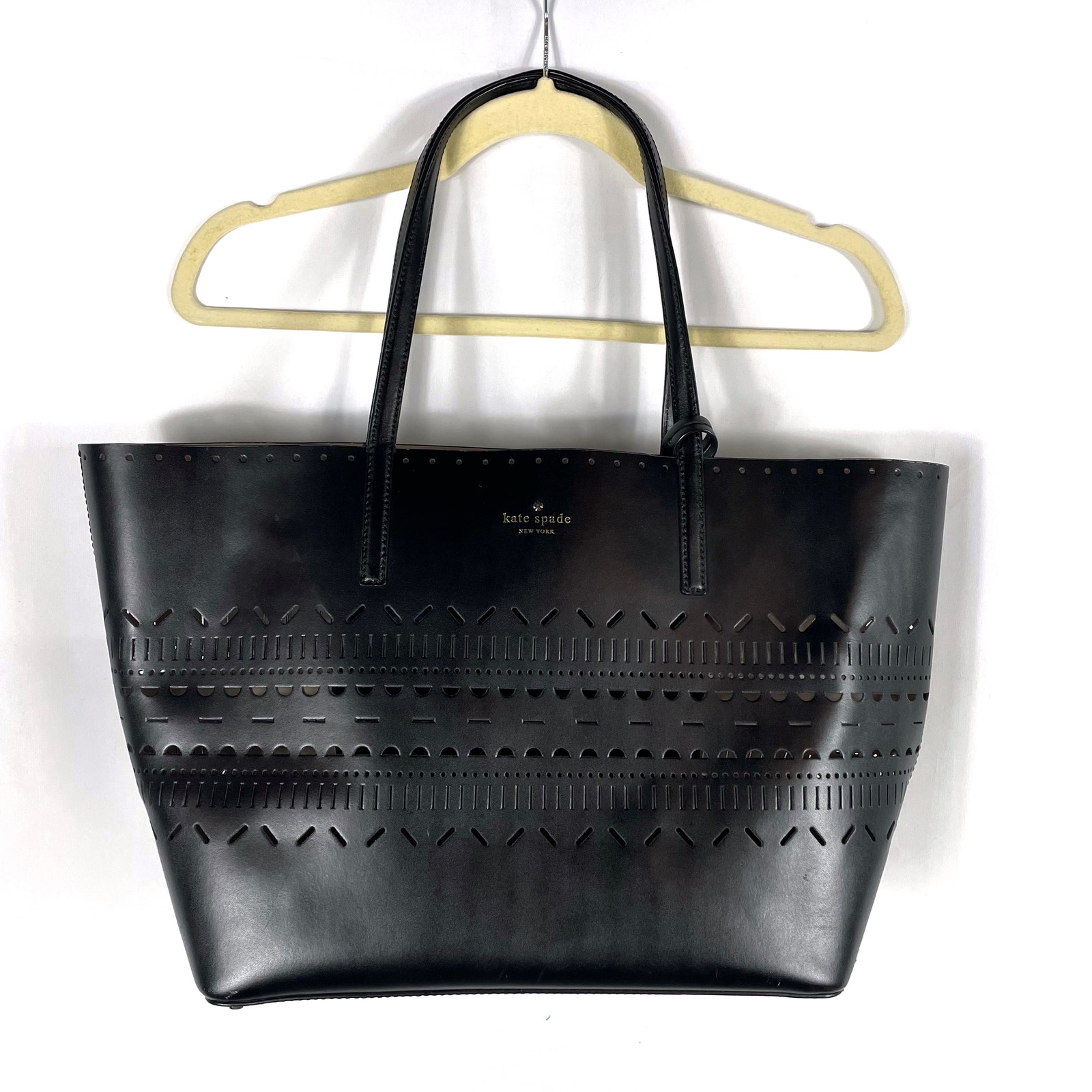 Kate Spade Lillian Court Tote Laser Cut Hand Bag Black Leather Large