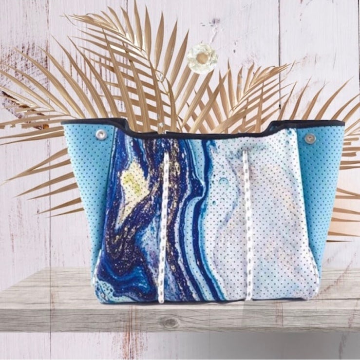 Aquamarine waterproof neoprene Tote Bag in blue turquoise navy gold white geode