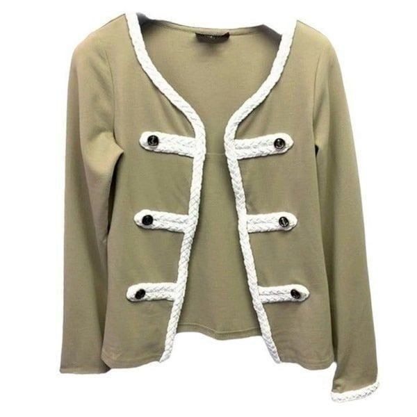 Katherine New York Womens Jacket Coat Khaki Tan Stretch Collarless Braided S New
