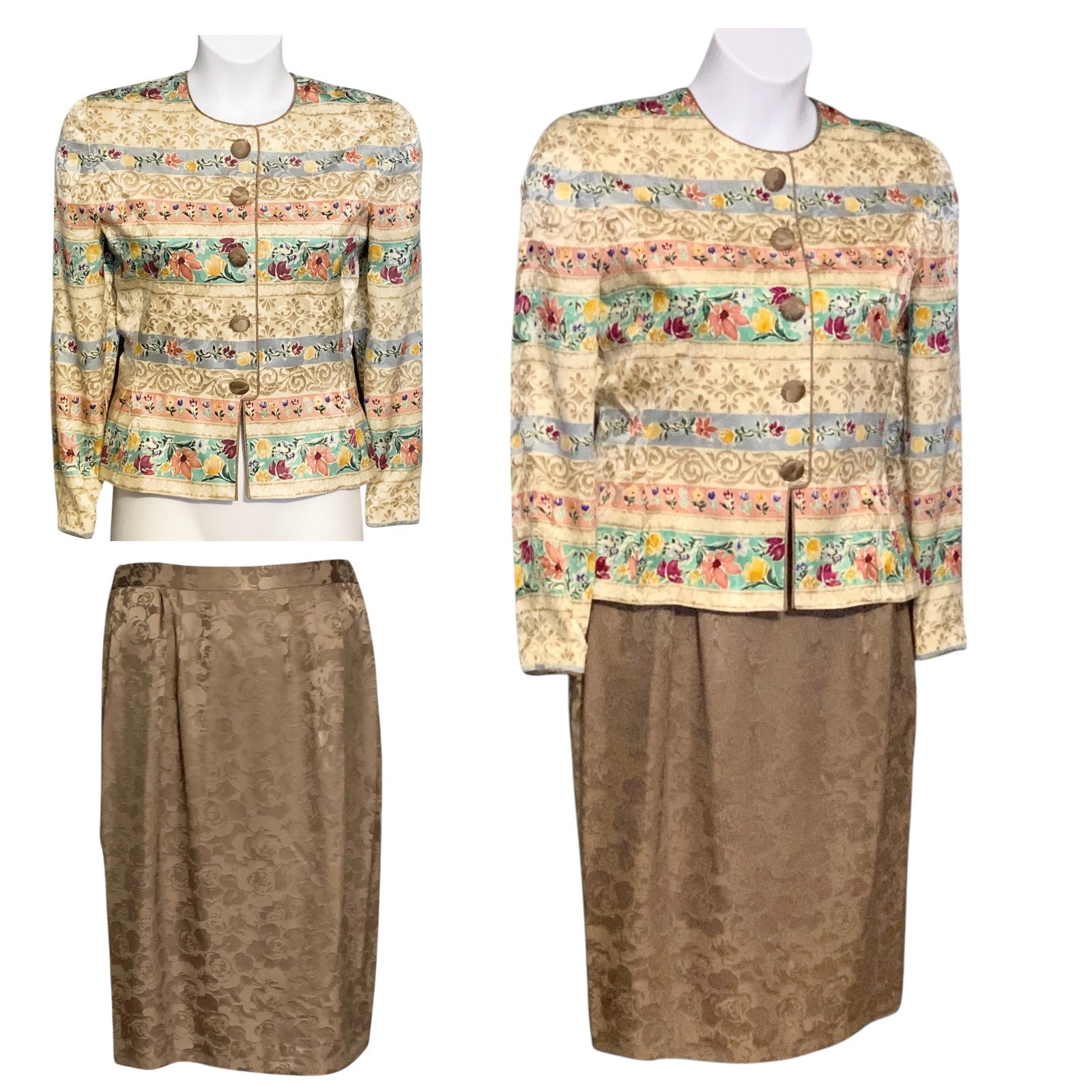Vintage Adrianna Papell Silk Skirt Outfit Size 12 Button Up Brown Pastel Floral