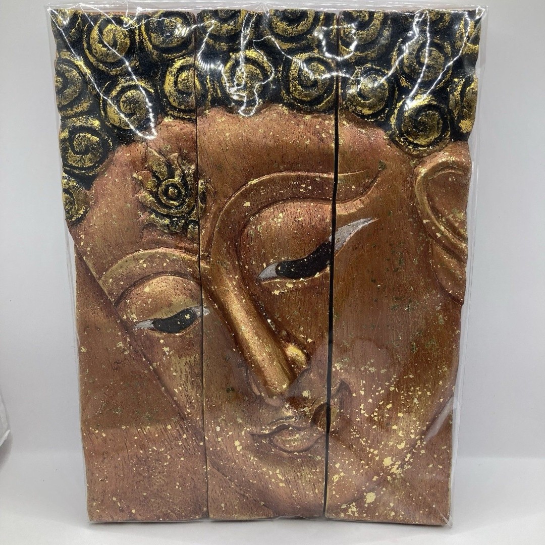 New Sealed Bronze & Gold Thai Buddha Wooden Carved Portrait Hangable 3 Pieces