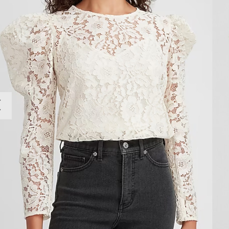 Express Lace Sheer Top Long Puff Sleeve Ivory White Size Large NWT