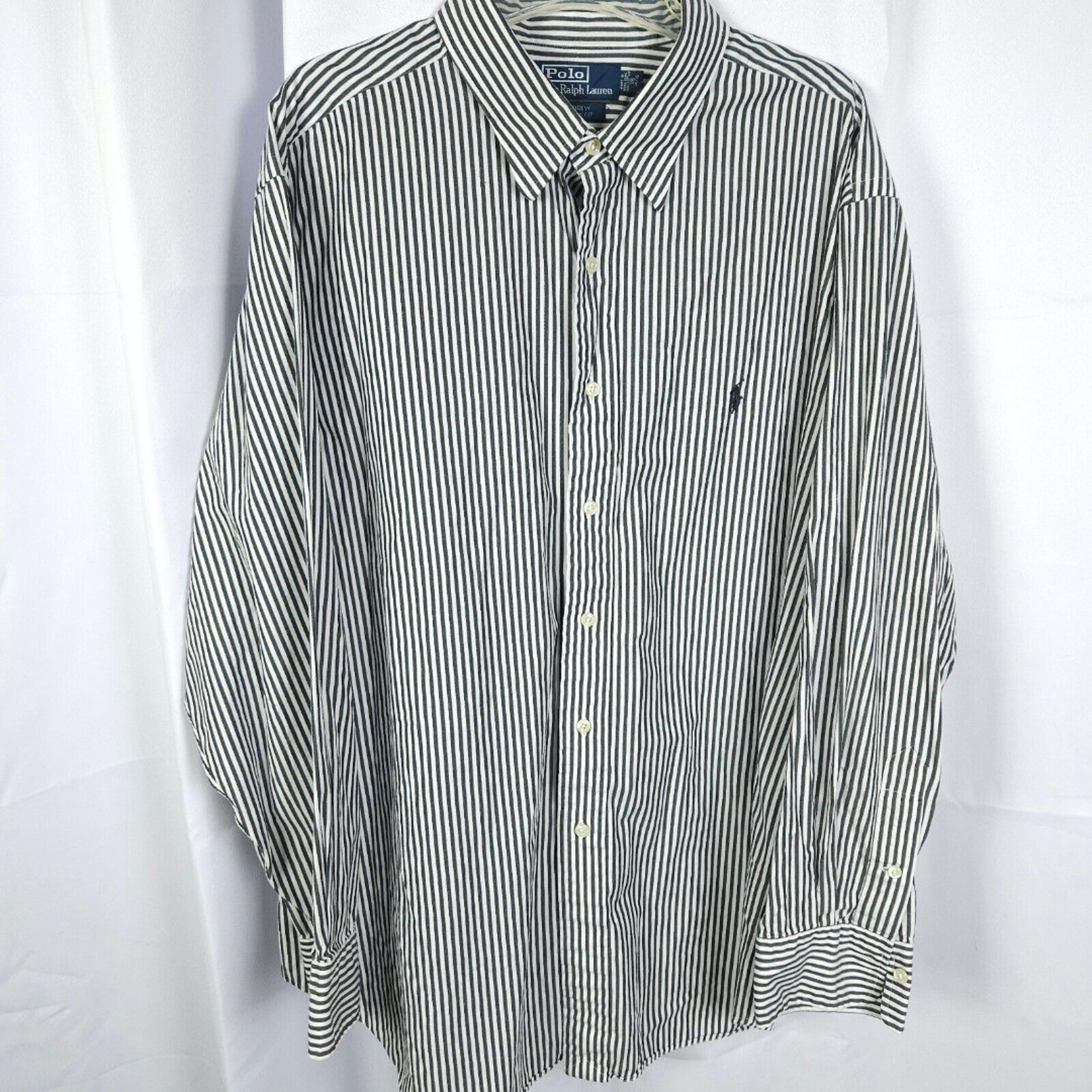 VTG Polo Ralph Lauren Mens 18 34/35 Blue Gray Striped Andrew Classic Dress Shirt