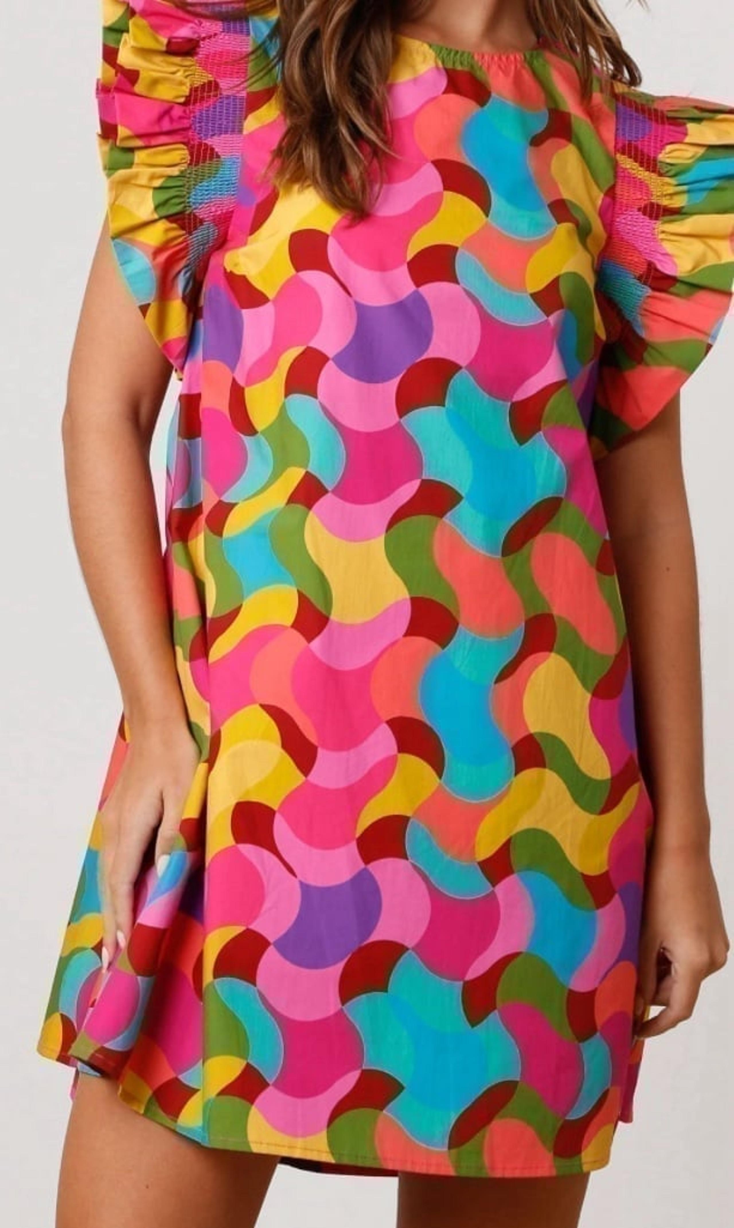 Peach Love California Geo Print Poplin Short Ruffle Sleeve Dress Womens Medium