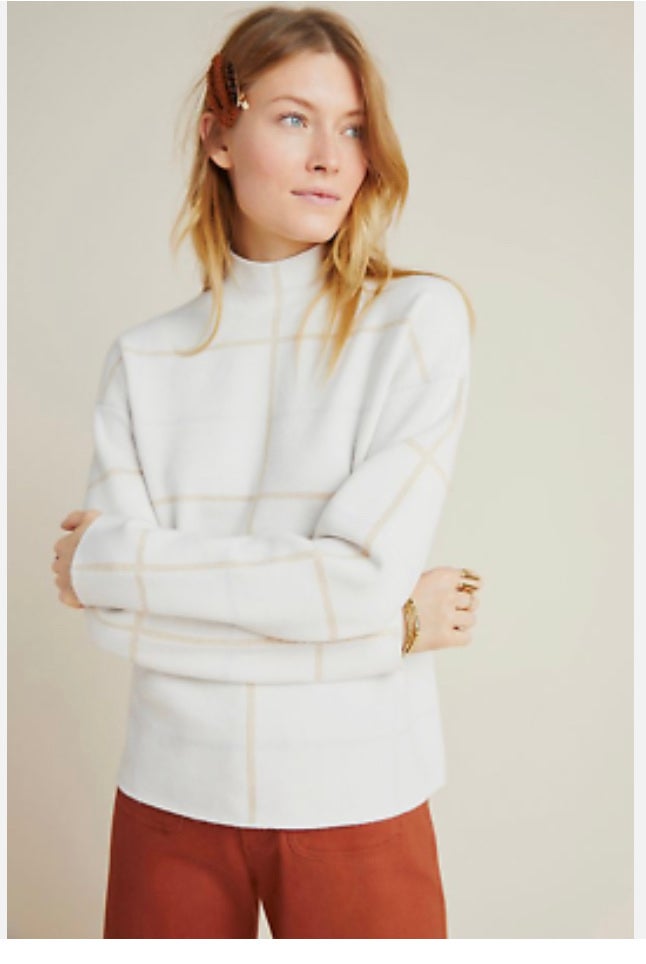ANTHROPOLOGIE IVANNA LIZZIE MOCK neck plaid windowpane sweater