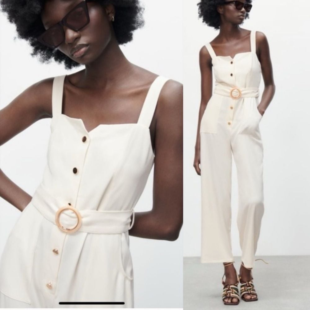 Zara white belted jumpsuit size medium minimalist vacation summer