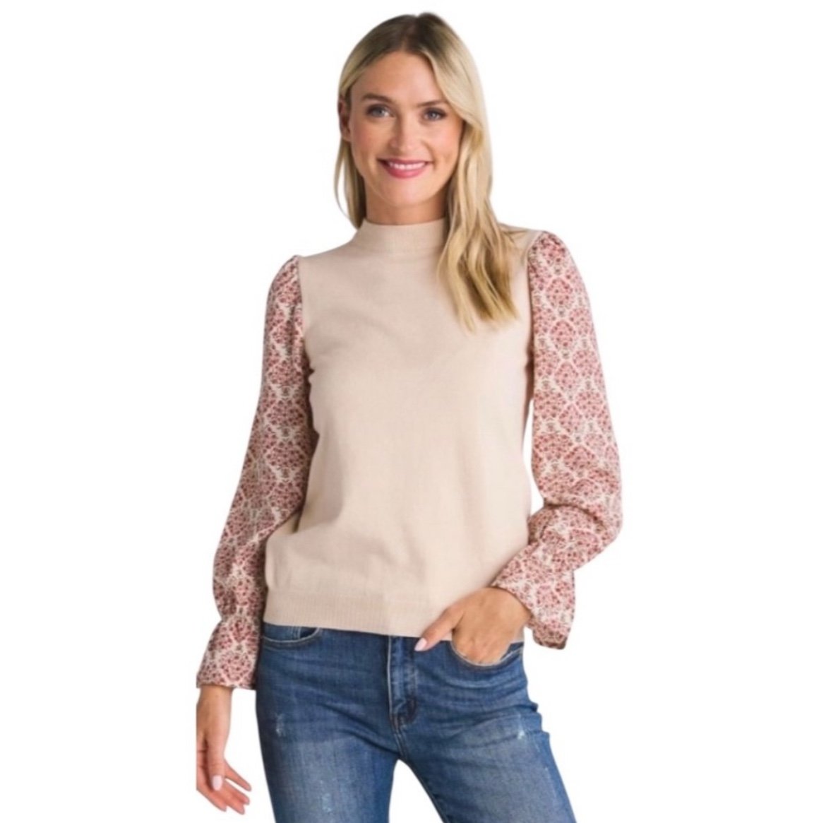 THML Medallion Sleeve Top Cream Red Sweater Puff Sleeves XS