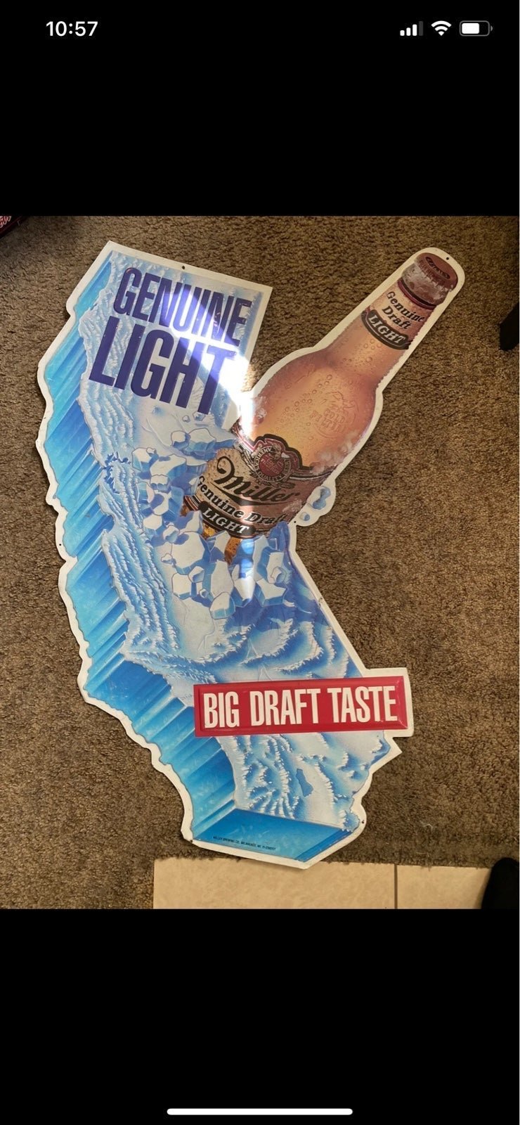 Miller California Map Genuine Light Beer Lithographed Embossed Bottle Sign 45”
