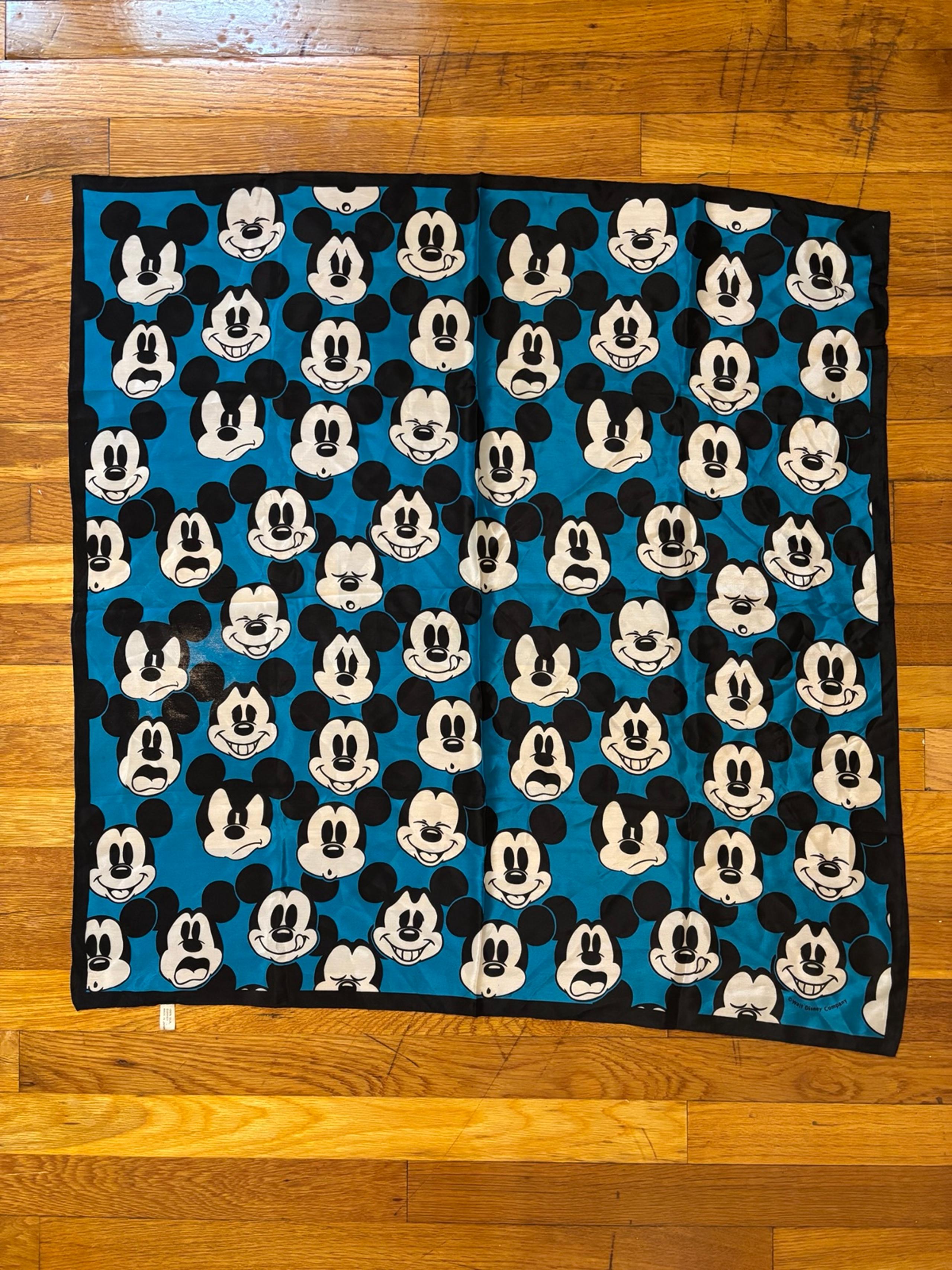 Vintage Disney Mickey Mouse Many Faces Expressions Silk Scarf Black Blue 31"
