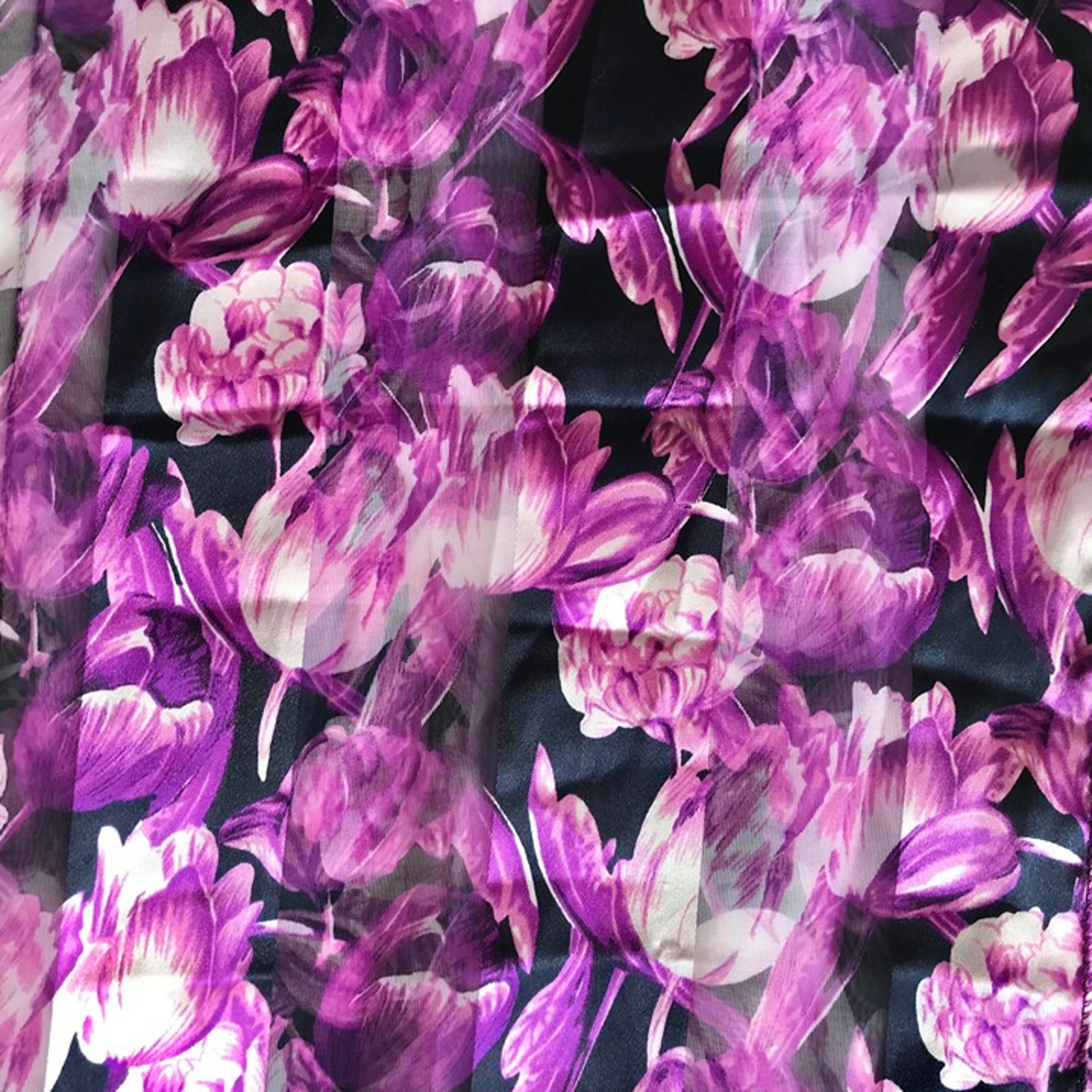 Vintage Peonies Flower Chiffon Scarf 80s 13 X 60" Long Purple Polyester Korea