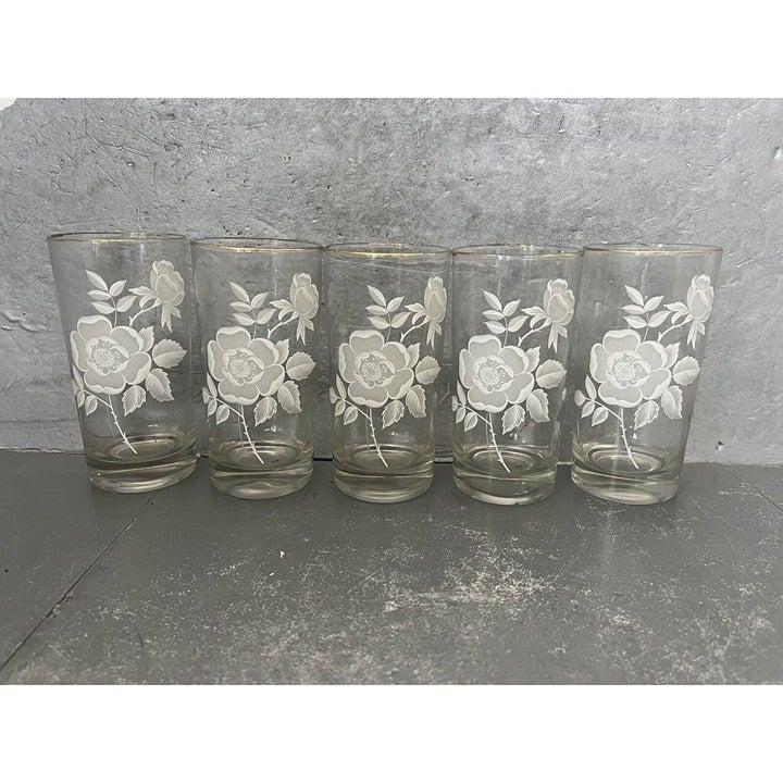 Wild Rose Floral Gold-rimmed Drinking Juice Glasses Tumblers set of 5 Vintage
