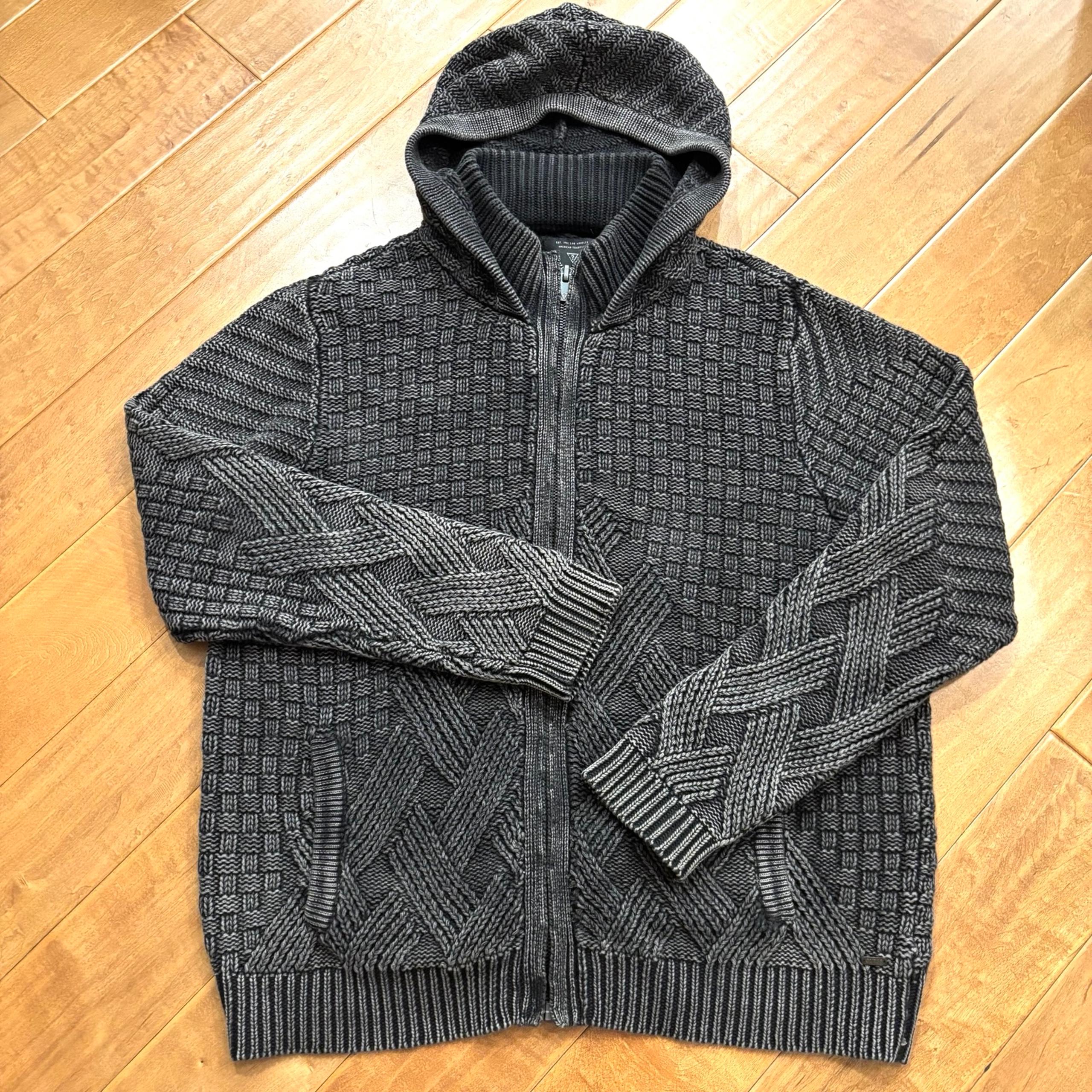 Guess Men’s Knit Dark Gray Hooded Cardigan Sweater Front Zipper Closure Size XXL