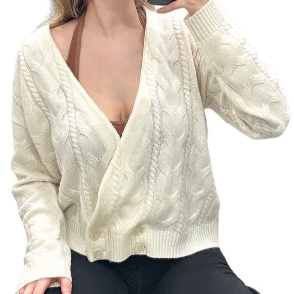 SWTR Cable Knit Cardigan Sweater in Cream Ivory Wool Cashmere Women's Size XL